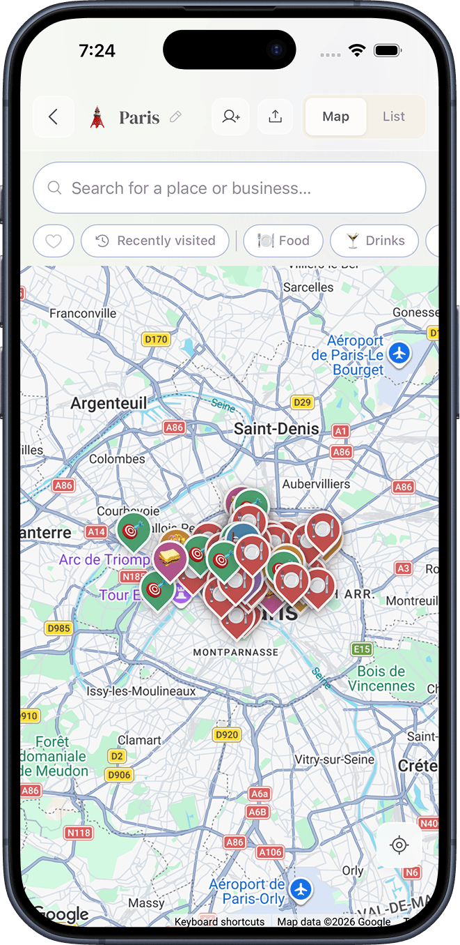 Paris guide map view with saved places