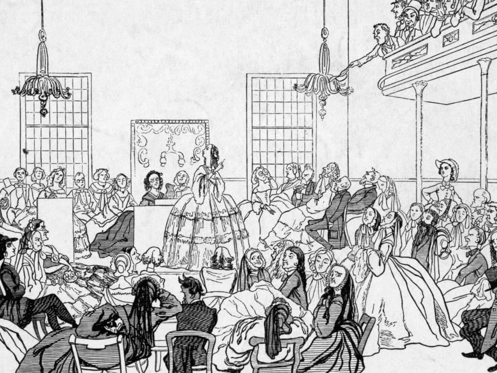 Historical engraving of a woman addressing a crowded hall