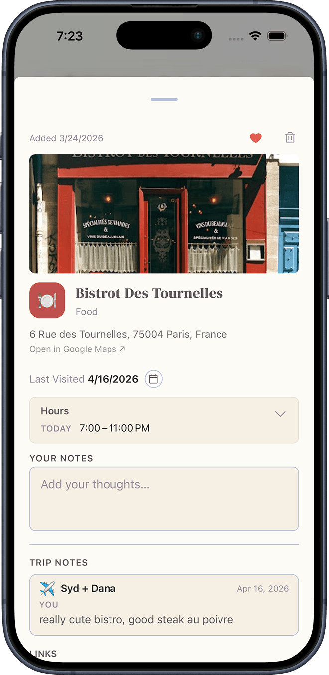 Place detail with notes and trip history